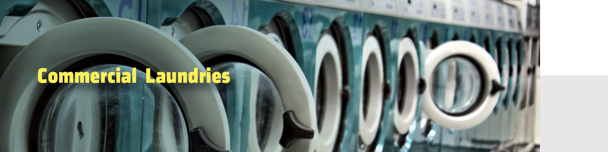 A row of commercial washing machines